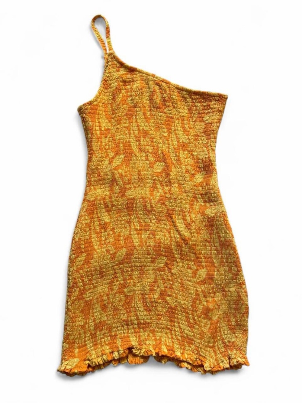 One-Shoulder Yellow & Orange Smocked Mini Dress